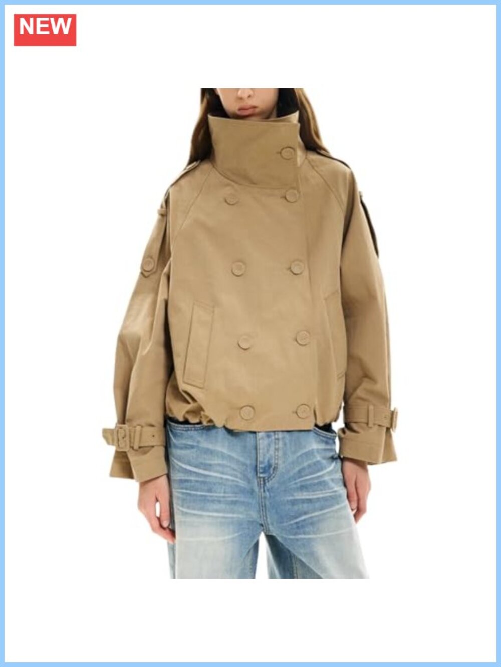 Women's Cropped Trench Coat Funnel Neck Double Breasted Pleated Hem Jacket with